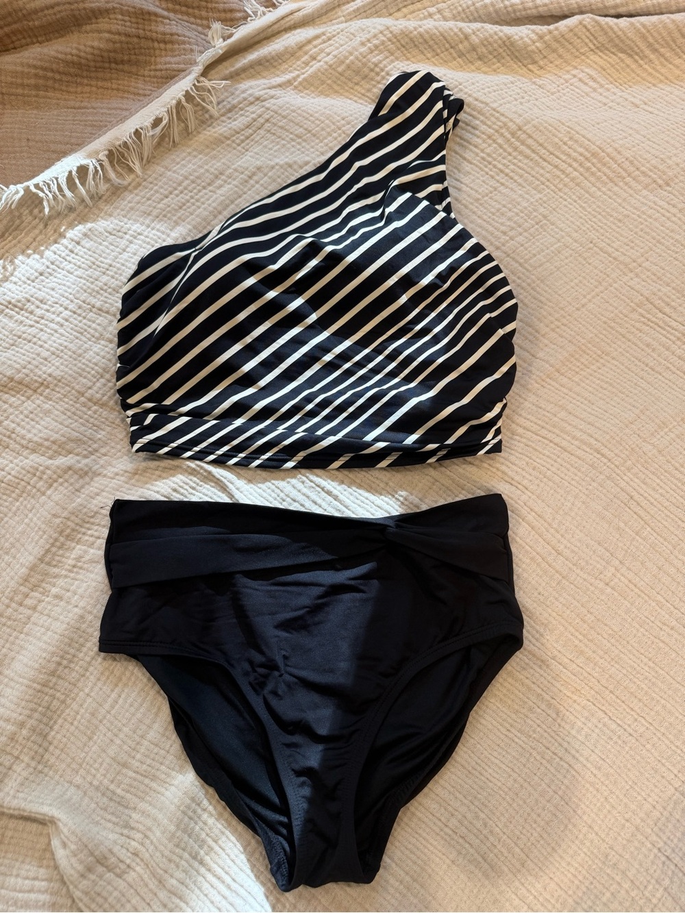 Lands' End Black and White One-Shoulder Striped Bikini Set